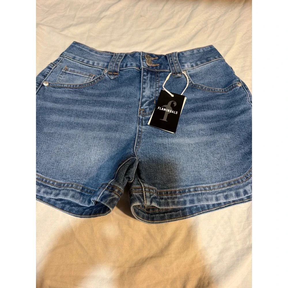 Flamingals Wash Split Studded Mid Waist Denim Shorts Blue XS 273132 XC